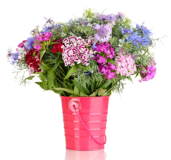 Beautiful bouquet in pail isolated on white — Stock Photo, Image