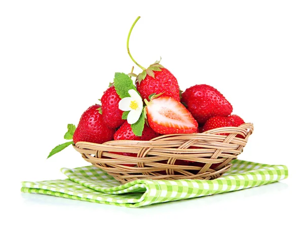 Ripe sweet strawberries in basket, isolated on white — Stock Photo, Image