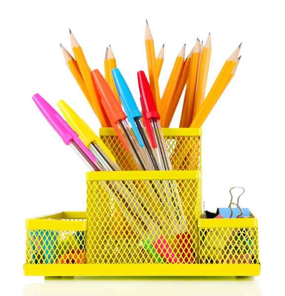 Office equipment in yellow stationary holder isolated on white — Stock Photo, Image