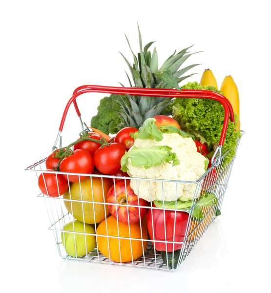 Assortment of fresh fruits and vegetables in metal basket, isolated on white — Stock Photo, Image