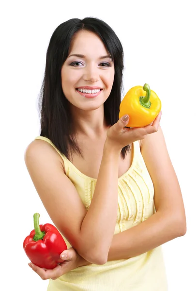 Girl with fresh peppers isolated on white — Stock Photo, Image