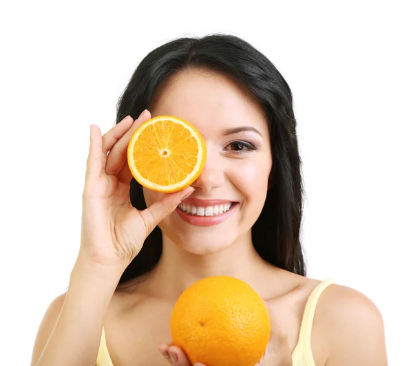 Chica con naranjas frescas aisladas en blanco — Foto de Stock