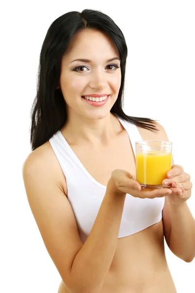 Menina com suco de laranja fresco isolado no branco — Fotografia de Stock