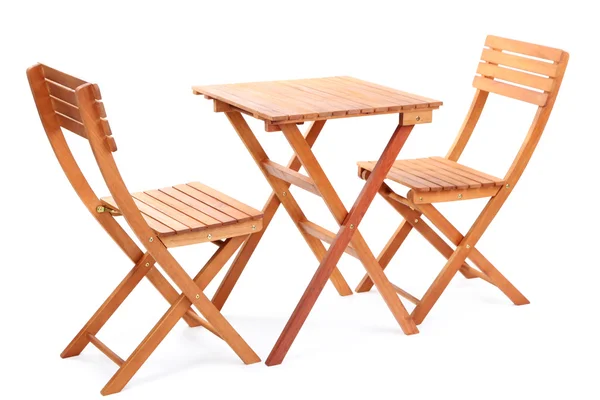 Houten tafel met stoelen geïsoleerd op wit — Stockfoto