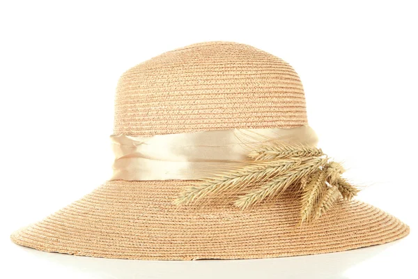 Beautiful summer hat with spikelets isolated on white — Stock Photo, Image