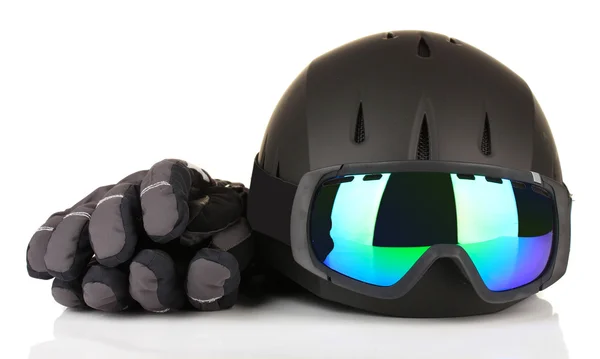 Óculos esportivos de inverno, capacete e luvas, isolados em branco — Fotografia de Stock