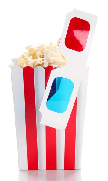 Popcorn and 3D glasses, isolated on white — Stock Photo, Image