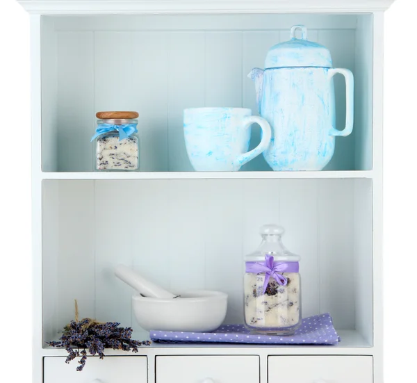 Still life with jar of lavender sugar, mortar and fresh lavender flowers on shelves — Stock Photo, Image