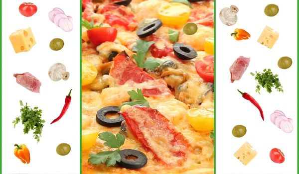 Colagem de pizza e ingredientes — Fotografia de Stock