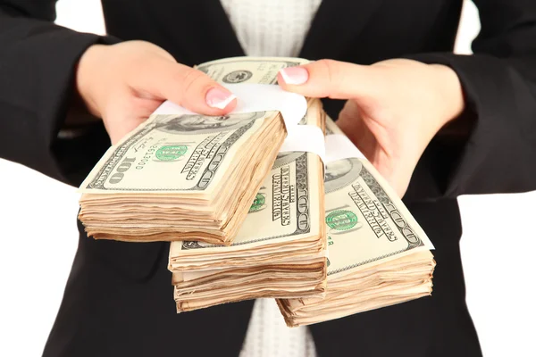 Nő meséli dollárt, közelről — Stock Fotó