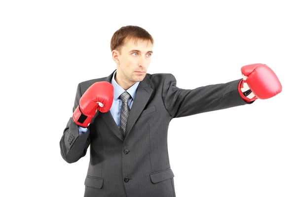 Uomo d'affari in guantoni da boxe isolato su bianco — Foto Stock