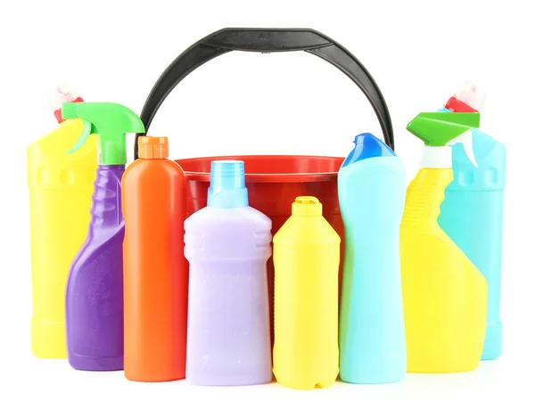 Colorful plastic detergent bottles with bucket, isolated on white — Stock Photo, Image