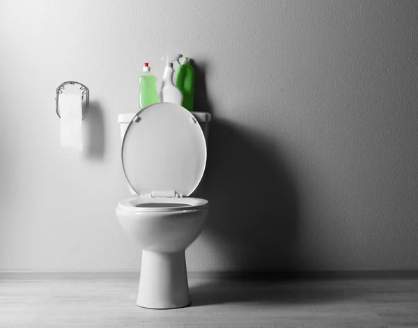 Toilet putih dan peralatan pembersih di kamar mandi — Stok Foto