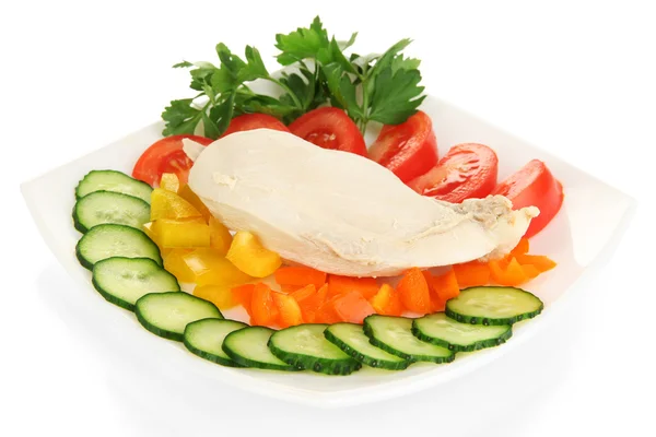 Boiled chicken breast on plate with vegetables isolated on white — Stock Photo, Image