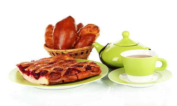 Cherry Pie with buns and tea isolated on white — Stock Photo, Image