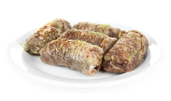 Baklava dulce en placa aislada en blanco —  Fotos de Stock