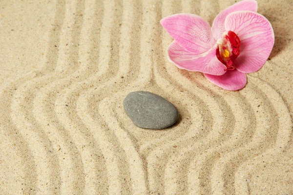 Zen garden with raked sand and round stone close up — Stock Photo, Image