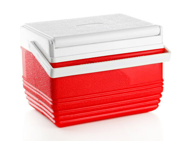 Traveling refrigerator on white background