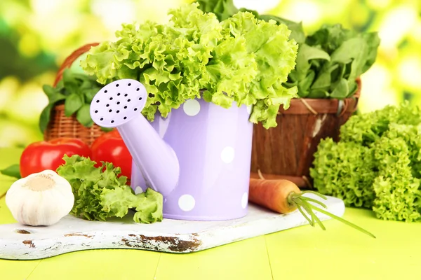 Frisches Kraut in der Gießkanne auf Holztisch vor natürlichem Hintergrund — Stockfoto