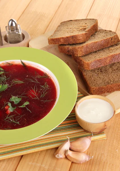 Delicious borsch on table close-up — Stock Photo, Image