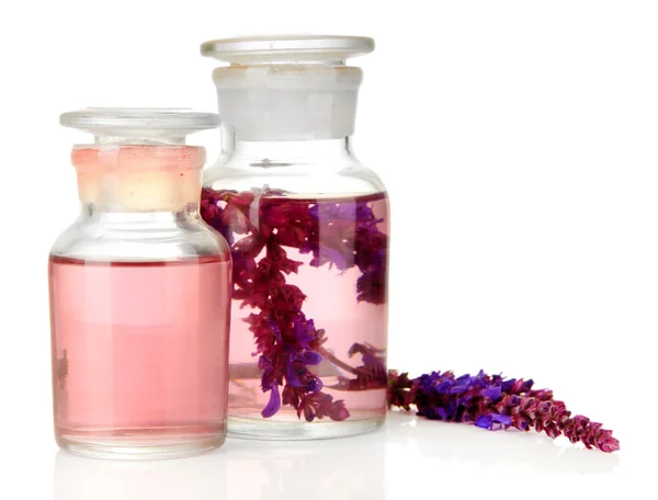 Медичні пляшки з квітами сальвії, ізольовані на білому — стокове фото