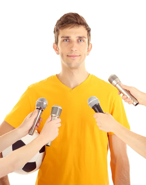 Interview with a young soccer player, isolated on white — Stock Photo, Image