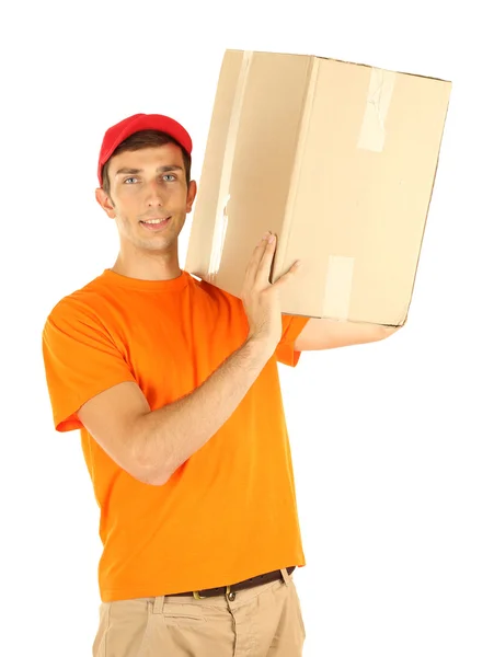 Young delivery man holding parcel, isolated on white — Stock Photo, Image