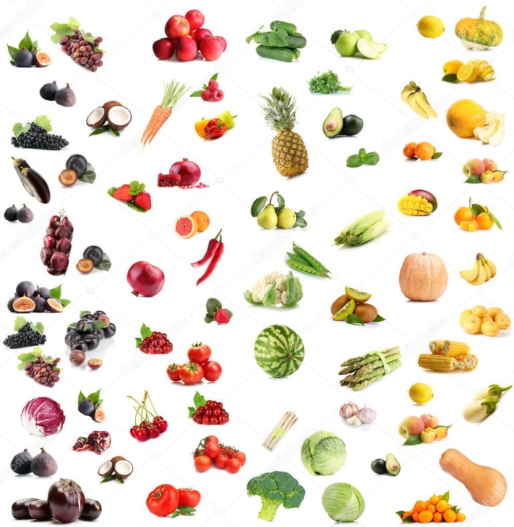 Collage of fruits and vegetables by color
