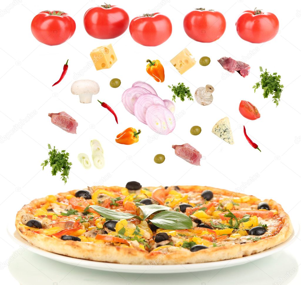 Pizza and ingredients isolated on white
