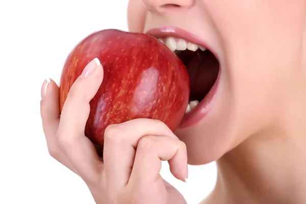 Mujer con manzana aislada sobre blanco — Foto de Stock