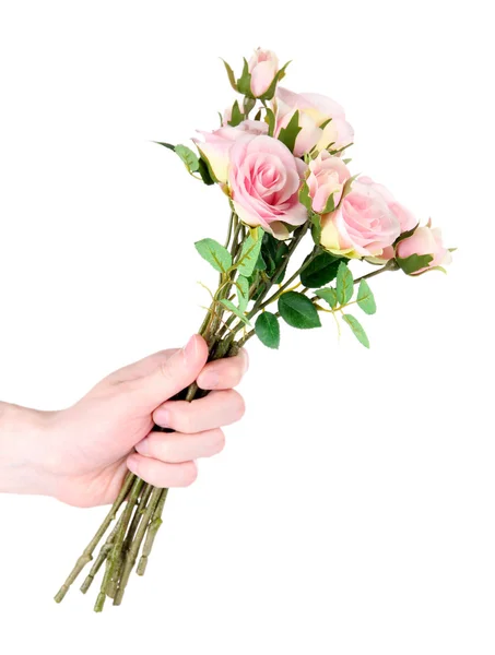 Mão do homem dando uma rosas isoladas em branco — Fotografia de Stock