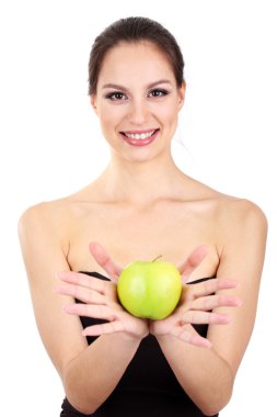 beyaz izole apple ile gülümseyen kadın