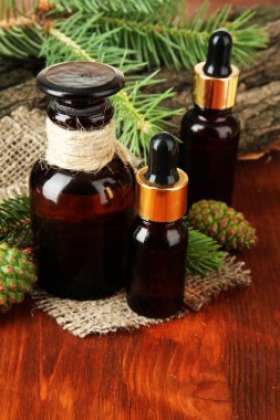 şişe köknar ahşap masa üzerinde petrol ve yeşil koni ağaç