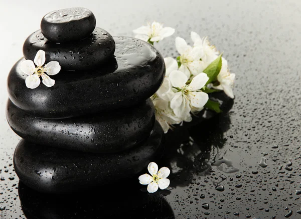 Piedras de spa y flores blancas sobre fondo oscuro — Foto de Stock