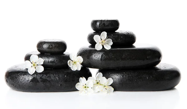 Spa stenen en witte bloemen geïsoleerd op wit — Stockfoto