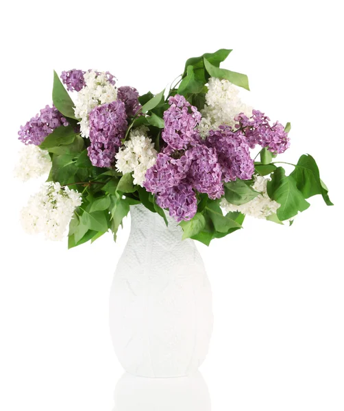 Beautiful lilac flowers in vase, isolated on white — Stock Photo, Image