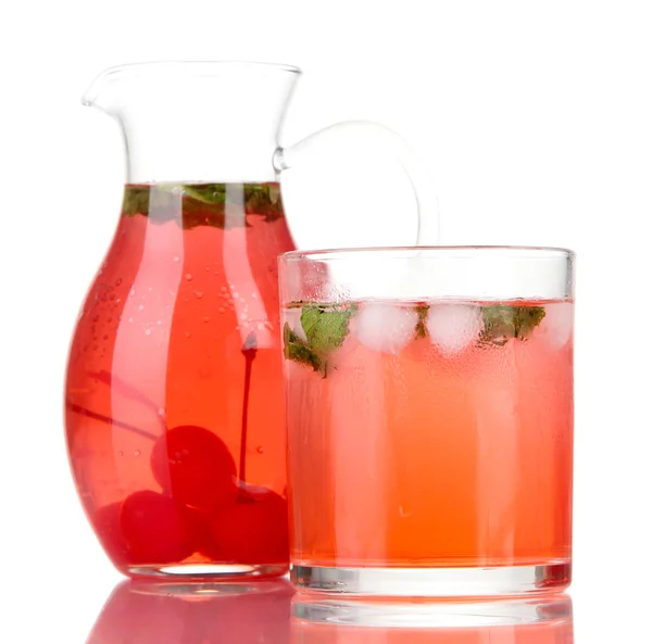 Cherry drink in pitcher and glass isolated on whit — Stock Photo, Image