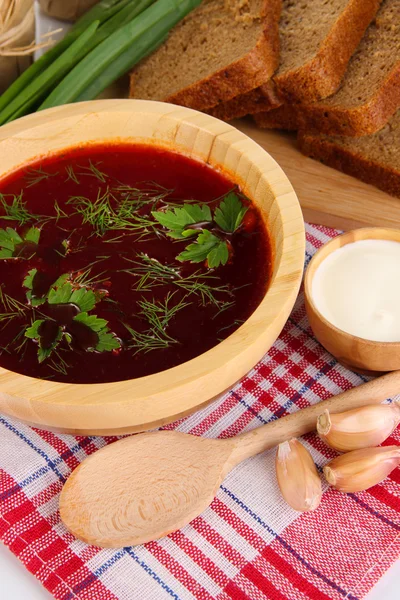 Delicious borsch on table close-up — Stock Photo, Image