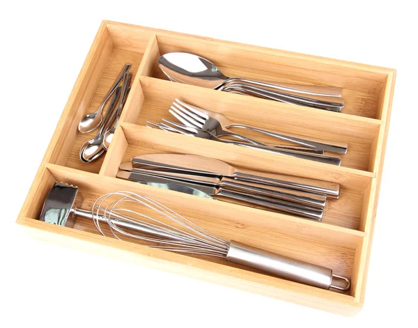 Wooden cutlery box with checked cutlery isolated on white — Stock Photo, Image