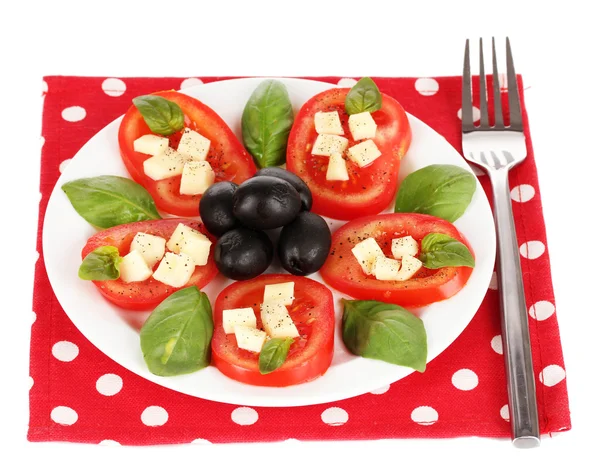 Cheese mozzarella with vegetables in the plate isolated on white — Stock Photo, Image