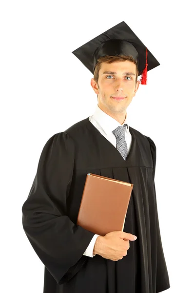 Jonge afstuderen man met boek, geïsoleerd op wit — Stockfoto