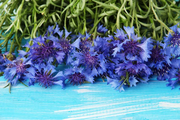 Bellissimo bouquet di fiordalisi su sfondo blu in legno — Foto Stock