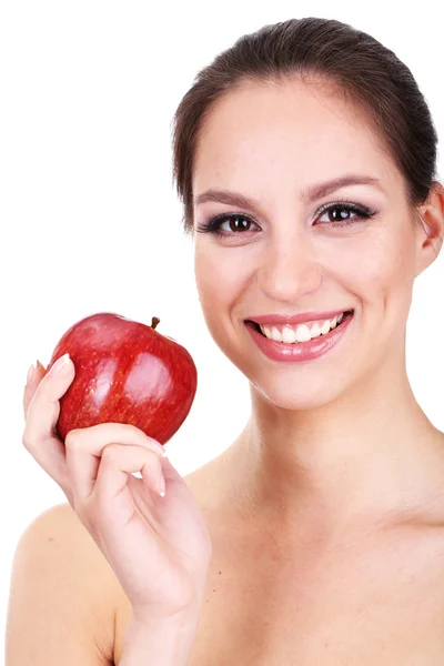 Donna sorridente con mela isolata su bianco — Foto Stock