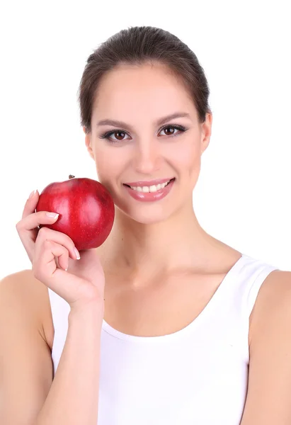 애플은 흰색 절연 웃는 여자 — 스톡 사진