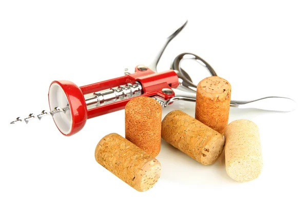 Corkscrew with wine corks isolated on white — Stock Photo, Image