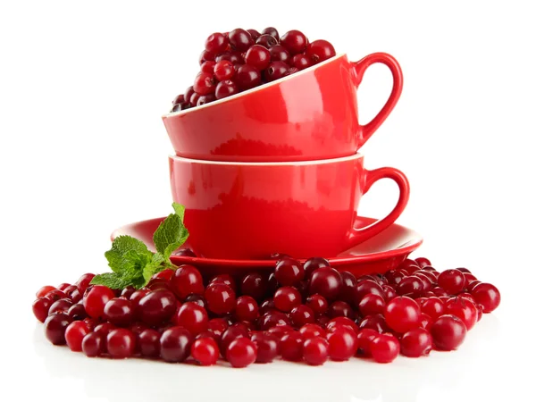 Стиглі червоні журавлини в чашках, ізольовані на білому — стокове фото