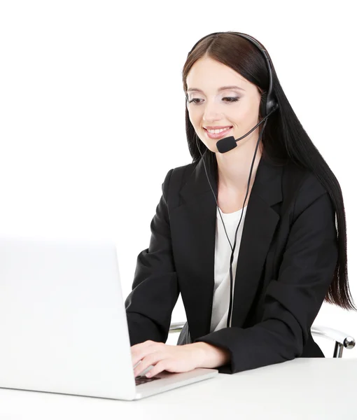 Operador de call center no trabalho, isolado em branco — Fotografia de Stock