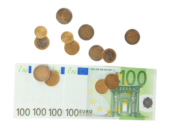 Euro-sedlar och eurocent isolerad på vit — Stockfoto