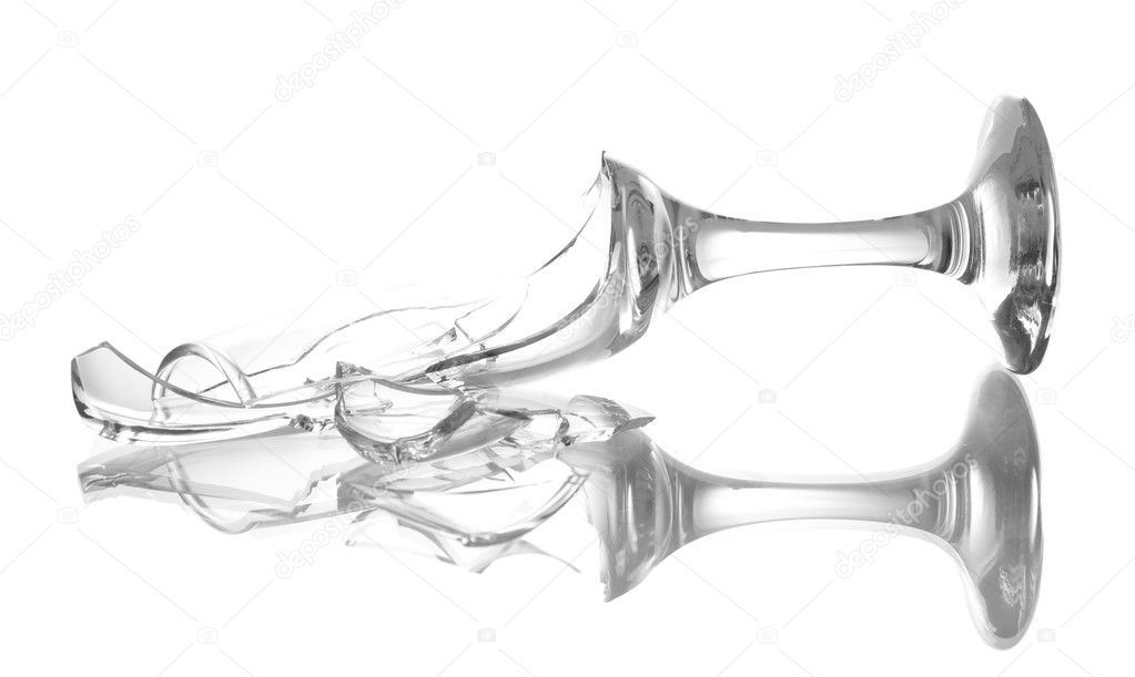 Broken champagne glass isolated on white