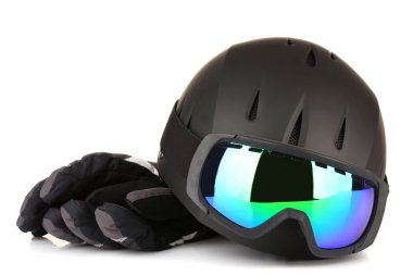 kış spor gözlük, kask ve üzerinde beyaz izole eldivenler